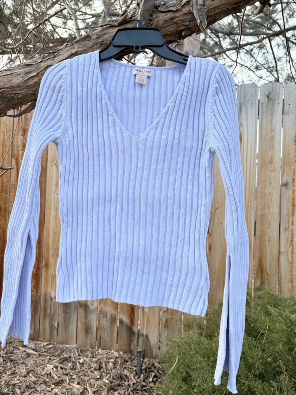 Guess Jeans Y2K baby blue form-fitting ribbed cotton sweater women’s size L